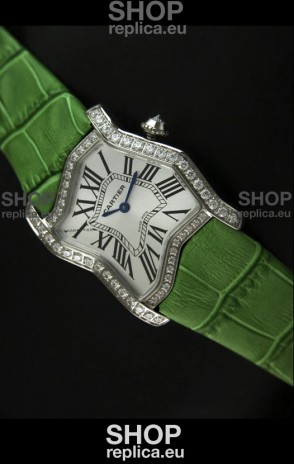 Cartier Tank Folle Ladies Replica Watch in Steel Case/Green Strap