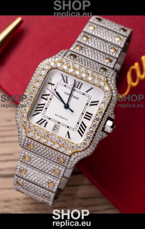 Santos De Cartier Watch in White Dial MOSSANITES Paved Edition Swiss Replica Watch