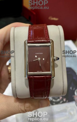 Must De Cartier Tank Edition Watch in 904L Stainless Steel Casing Maroon Dial