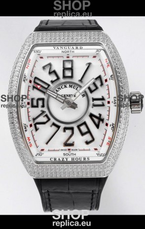Franck Muller Vanguard Crazy Hours in Stainless Steel Diamonds - White Dial Swiss Replica Watch 