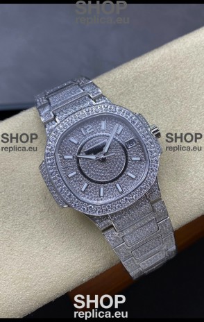 Patek Philippe Nautilus 7010 Diamonds Paved Stainless Steel 32MM 1:1 Mirror Replica - Genuine Diamonds