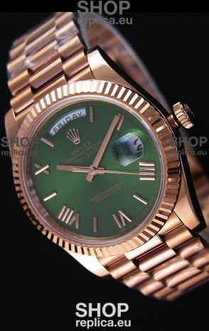 Rolex Day Date Japanese Replica Watch - Rose Gold Casing in Green Dial 40MM