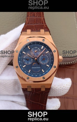 Audemars Piguet Royal Oak Perpetual Calendar Swiss Replica Rose Gold Casing Watch in Blue Dial