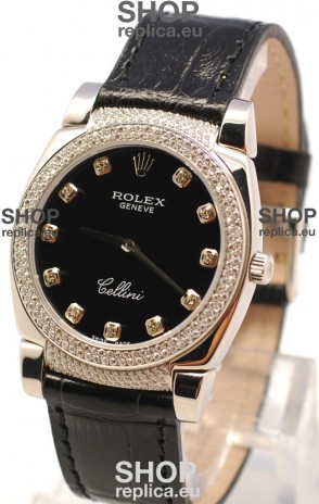Rolex Cellini Cestello Ladies Swiss Watch in Matte Black Face Diamond Markers