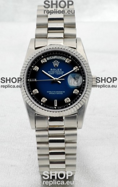Rolex Day Date Silver Japanese Replica Watch in Blue Dial