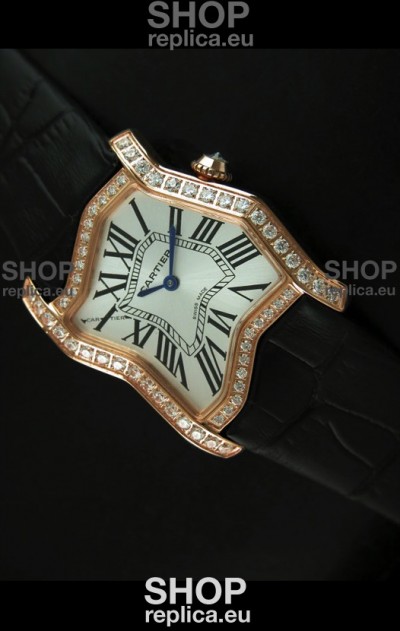 Cartier Tank Folle Ladies Replica Watch in Yellow Gold Case/Black Strap