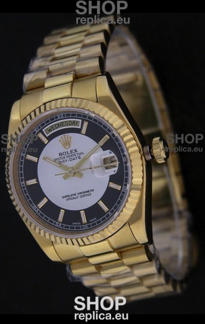 Rolex Day Date Just Japanese Replica Yellow Gold Watch in Black & White Dial