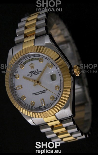 Rolex Day Date Just Japanese Replica Two Tone Gold Watch in White Dial