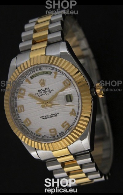 Rolex Day Date Just Japanese Replica Two Tone Gold Watch in White Stripe Pattern Dial