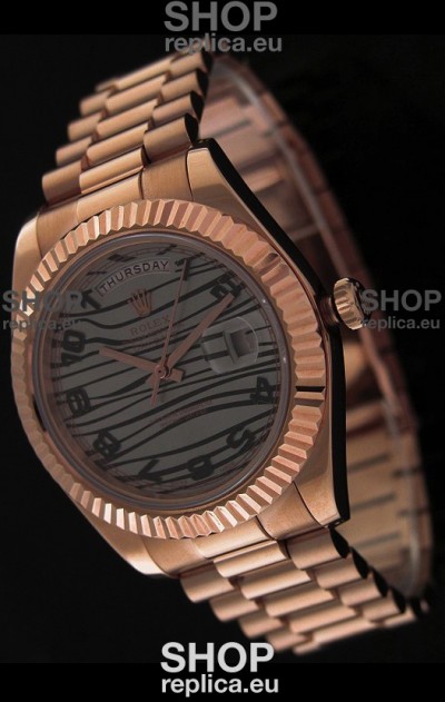 Rolex Oyster Perpetual Day Date Japanese Replica Pink Gold Watch in Waves Pattern Dial
