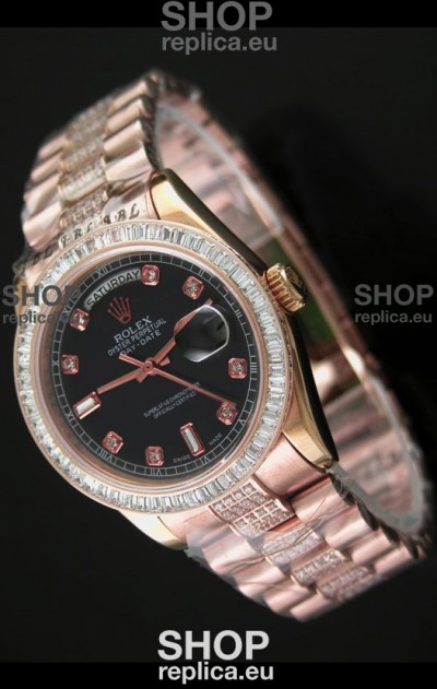 Rolex Oyster Perpetual Day Date Japanese Rose Gold Automatic Watch in Black Dial