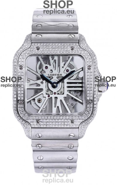 Santos De Cartier Watch in Skeleton Dial - Diamonds Bezel in Steel Casing & Strap Swiss Replica
