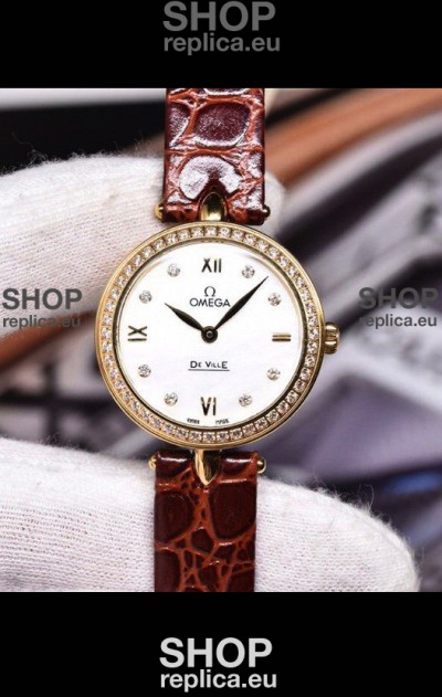 Omega De Ville Prestige Dewdrop Edition Swiss Quartz Watch in Rose Gold Brown Strap