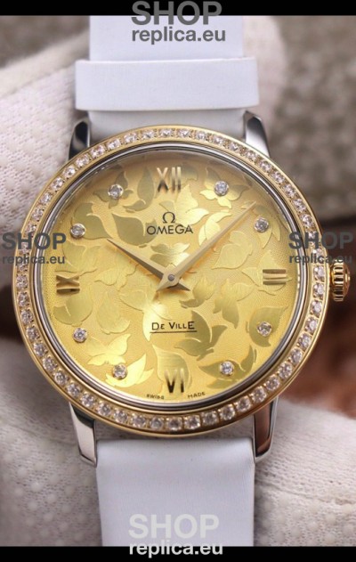 Omega De Ville Floral Dial Swiss Quartz Movement in Two Tone Casing - Gold Dial