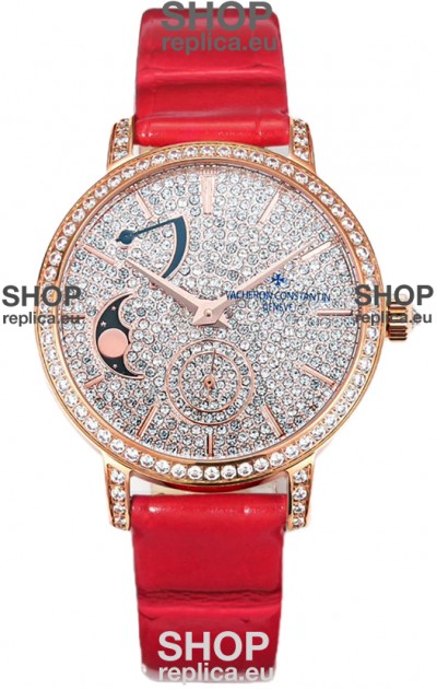 Vacheron Constantin Traditionelle Moon Phase Diamond Paved Dial in Rose Gold Swiss Replica