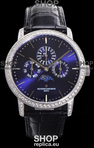 Vacheron Constantin Patrimony Perpetual Calendar Ultra-Thin White Gold Blue Dial Swiss Replica