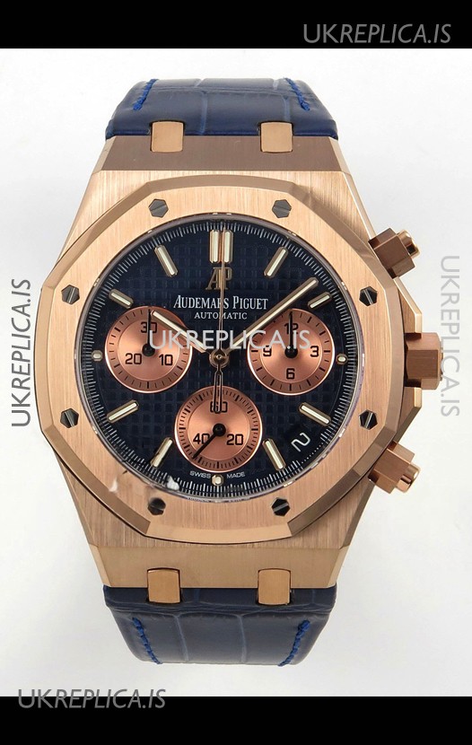 Royal Oak Chrono 26240 Rose Gold Blue Dial Leather Strap Super Clone Watch 