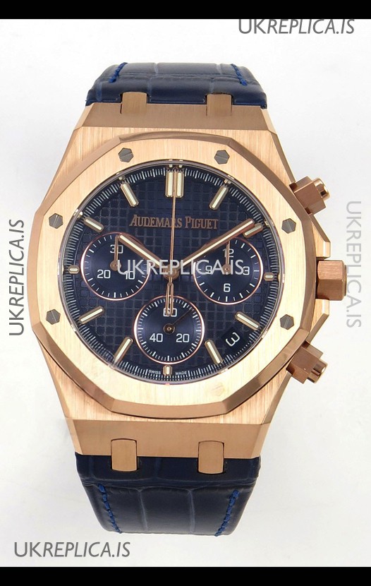 Royal Oak Chrono 26240 Rose Gold Blue Dial Leather Strap Super Clone Watch 