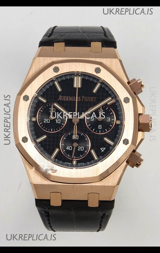 Royal Oak Chrono 26240 Rose Gold Black Dial Leather Strap Super Clone Watch 