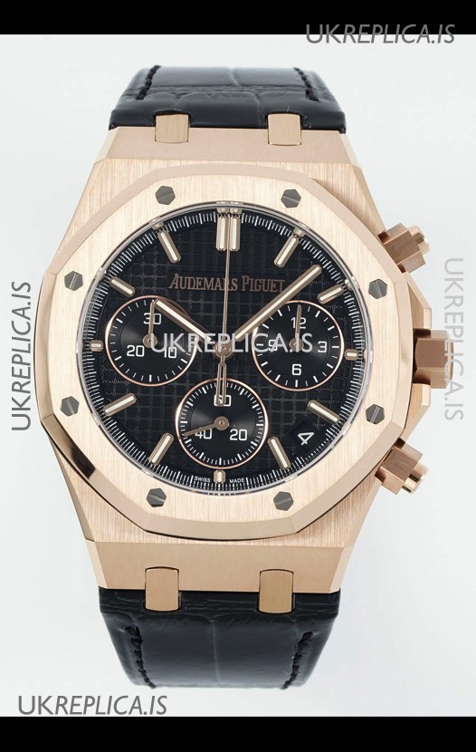 Royal Oak Chrono 26240 Rose Gold Black Dial Leather Strap Super Clone Watch 