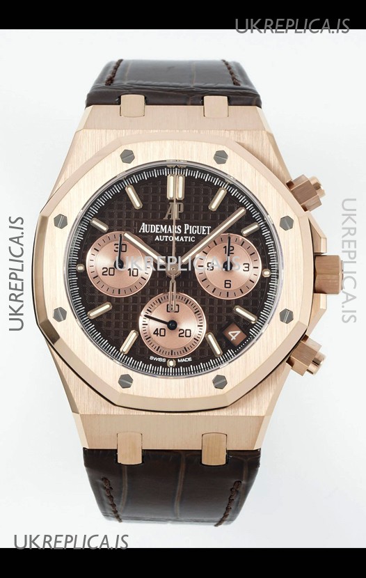 Royal Oak Chrono 26240 Rose Gold Brown Dial Leather Strap Super Clone Watch 