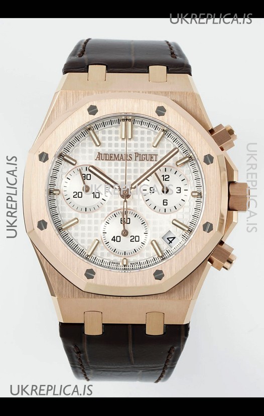 Royal Oak Chrono 26240 Rose Gold White Dial Leather Strap Super Clone Watch 