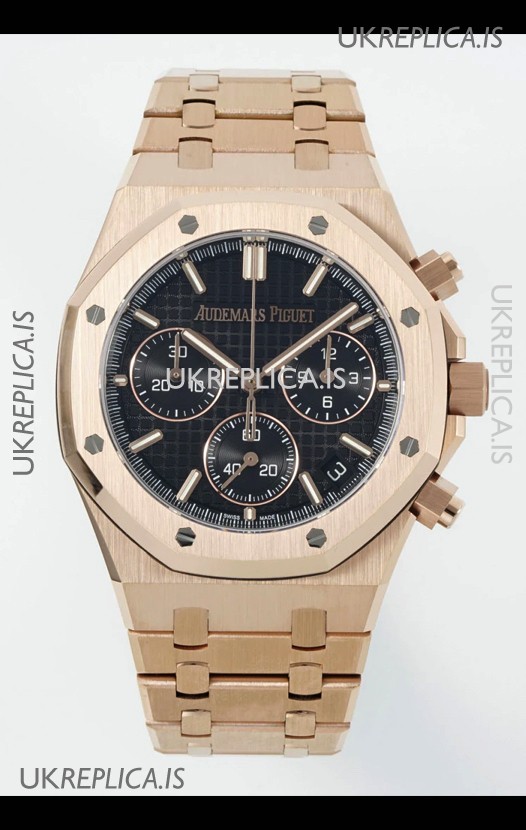 Royal Oak Chrono 26240 Rose Gold Strap in Black Dial Super Clone Watch 