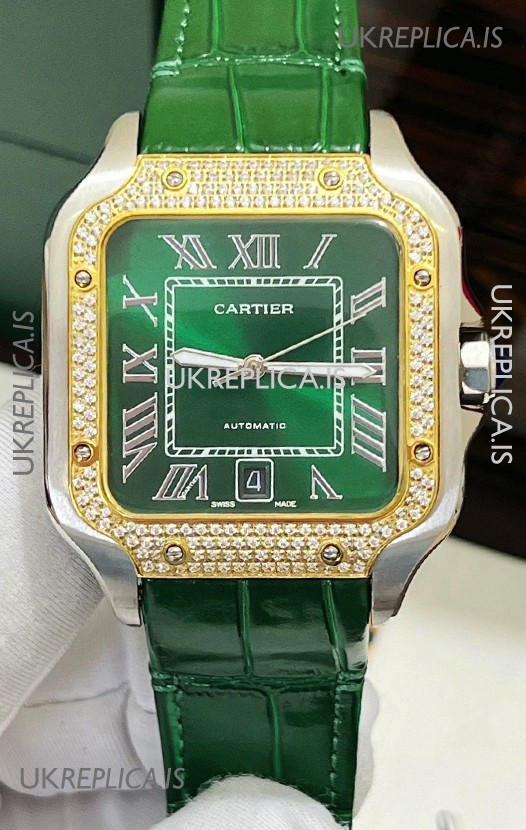 Cartier Santos De Cartier Green Dial Diamonds Two Tone Swiss Replica Watch 