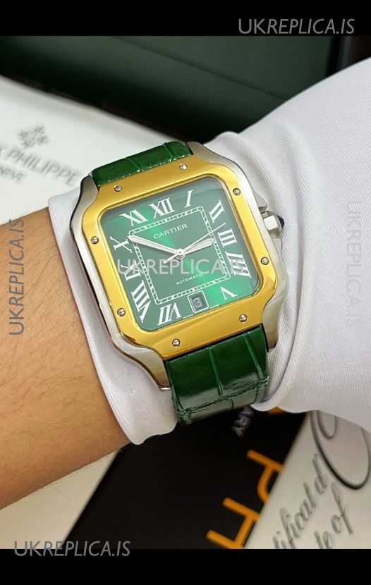 Cartier Santos De Cartier Green Dial Two Tone Swiss Replica Watch 