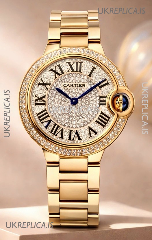 Ballon De Cartier Swiss Quartz 33MM Rose Gold Diamonds Super Clone Watch 