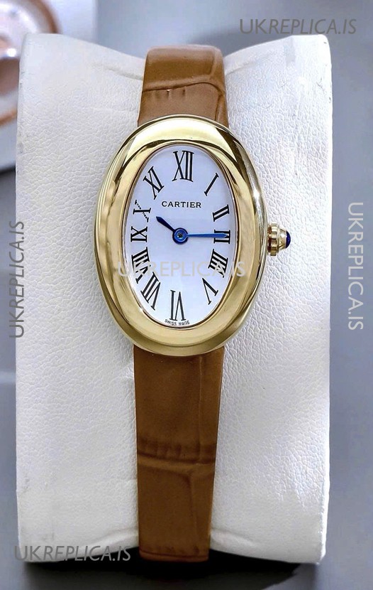 Cartier Baignoire Yellow Gold 23MM Super Clone Watch Brown Strap