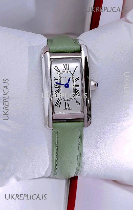 Cartier Tank Americaine Steel 19.4MM Green Strap Swiss Quartz Watch 