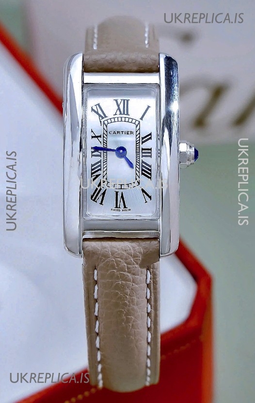 Cartier Tank Americaine Steel 19.4MM Beige Strap Swiss Quartz Watch 
