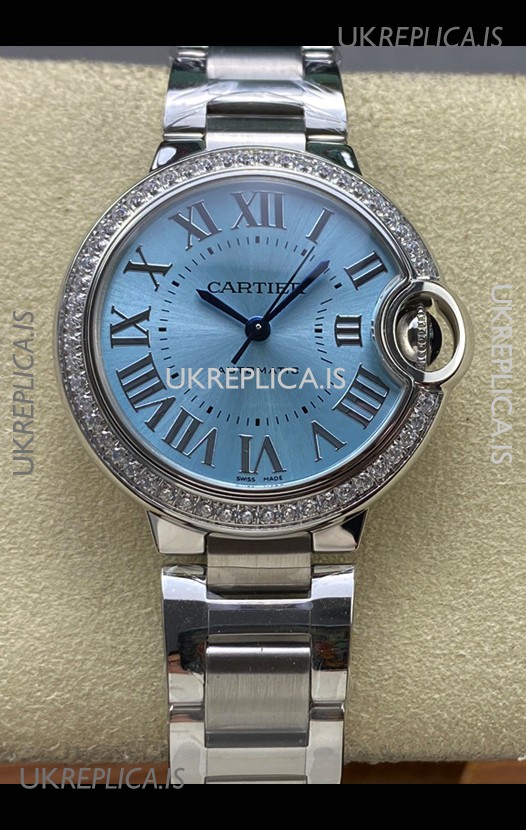 Ballon De Cartier Automatic Ice Blue Diamonds 36MM Dial Super Clone Watch 