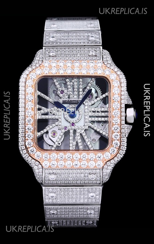 Cartier "Santos De Cartier" Skeleton moissanite Paved Super Clone Watch 