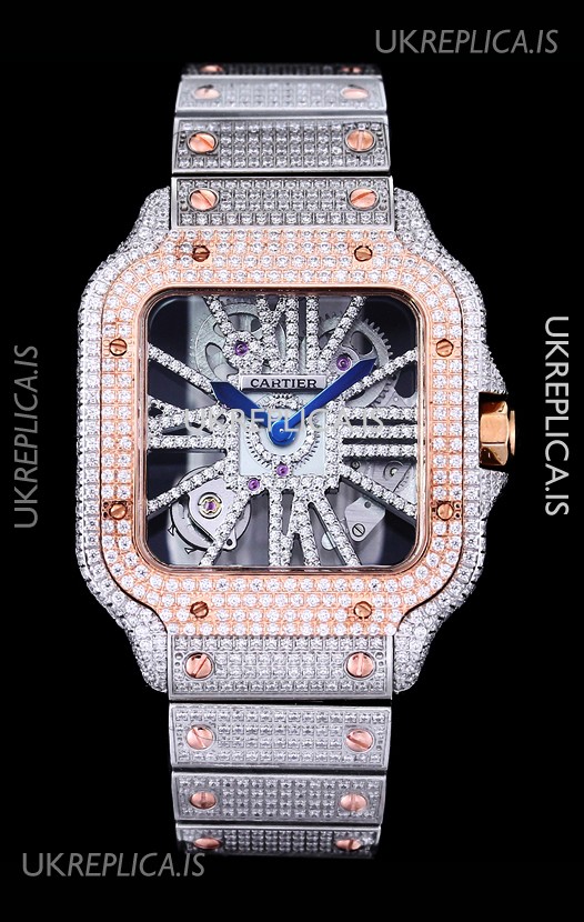 Cartier "Santos De Cartier" Skeleton moissanite Paved Super Clone Watch 