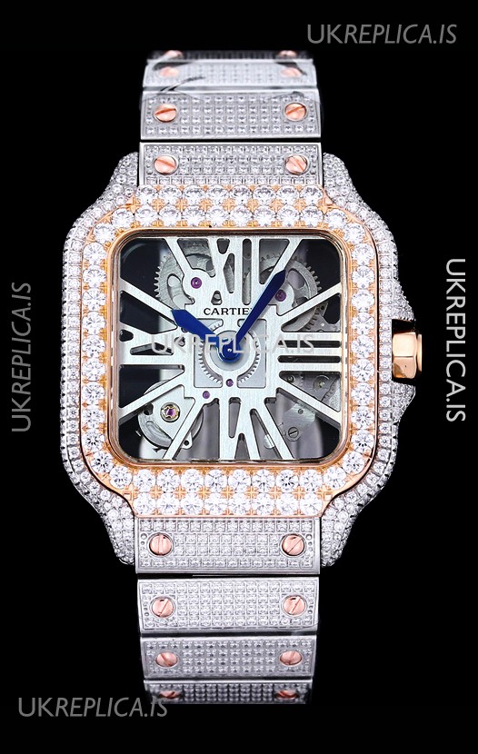 Cartier "Santos De Cartier" Skeleton moissanite Paved Super Clone Watch 