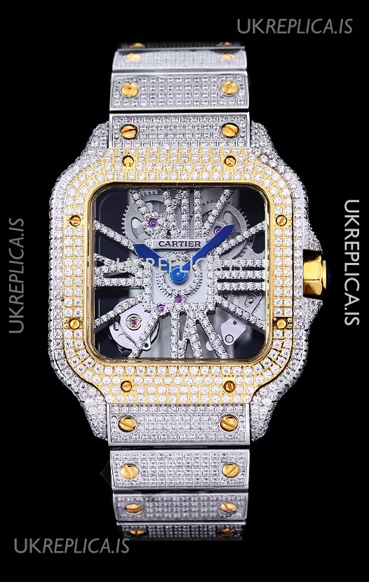 Cartier "Santos De Cartier" Skeleton moissanite Paved Super Clone Watch 