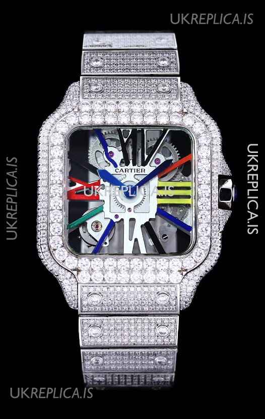 Cartier "Santos De Cartier" Skeleton moissanite Paved Super Clone Watch 