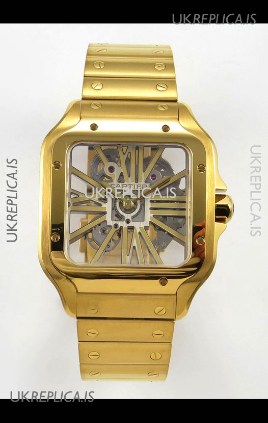 Cartier Santos Yellow Gold Skeleton Dial Super Clone Watch 