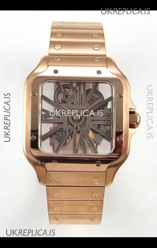 Cartier Santos Rose Gold Skeleton Dial Super Clone Watch 