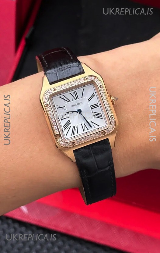 Cartier Santos Dumont in Rose Gold Casing Diamonds 27MM Super Clone Watch 