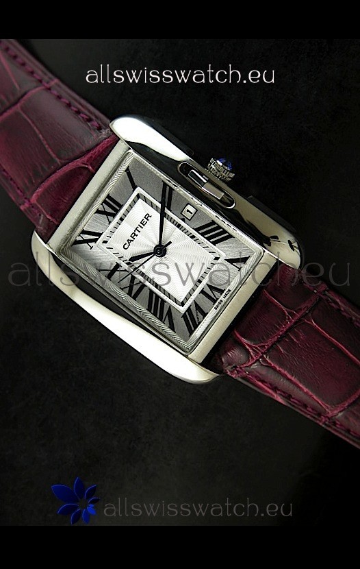 Cartier Tank Ladies Replica Watch in Steel Case/Maroon Strap