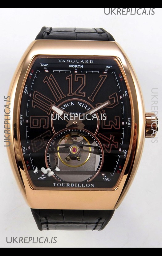 Franck Muller V45 Tourbillon Rose Gold Black Dial Brown Leather Super Clone Watch 