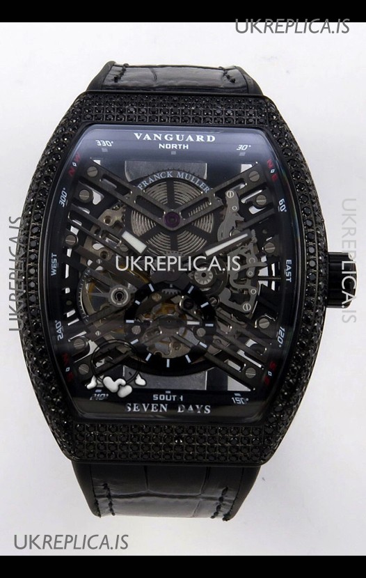 Franck Muller V45 Tourbillon Skeleton DLC Diamonds Super Clone Watch 