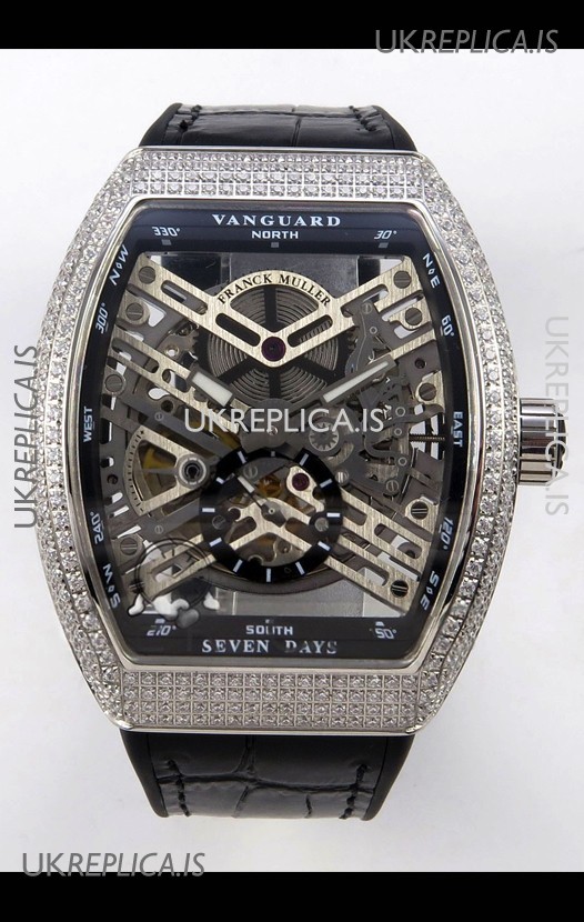 Franck Muller V45 Tourbillon Skeleton Steel Diamonds Super Clone Watch 