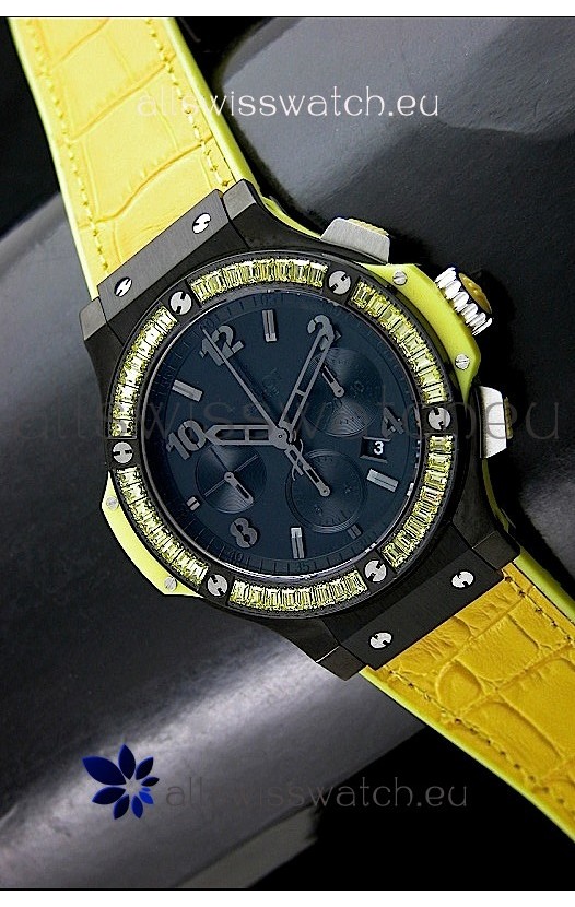 Hublot Big Bang All Black Edition in Lemon Strap and Baguette Diamonds Bezel