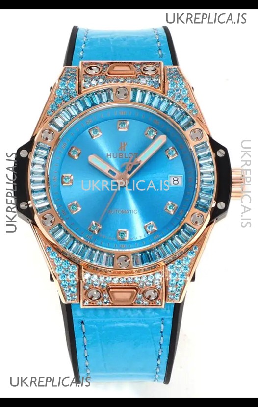 Hublot Big Bang One Click moissanite Rose Gold Super Clone Watch Blue Dial 