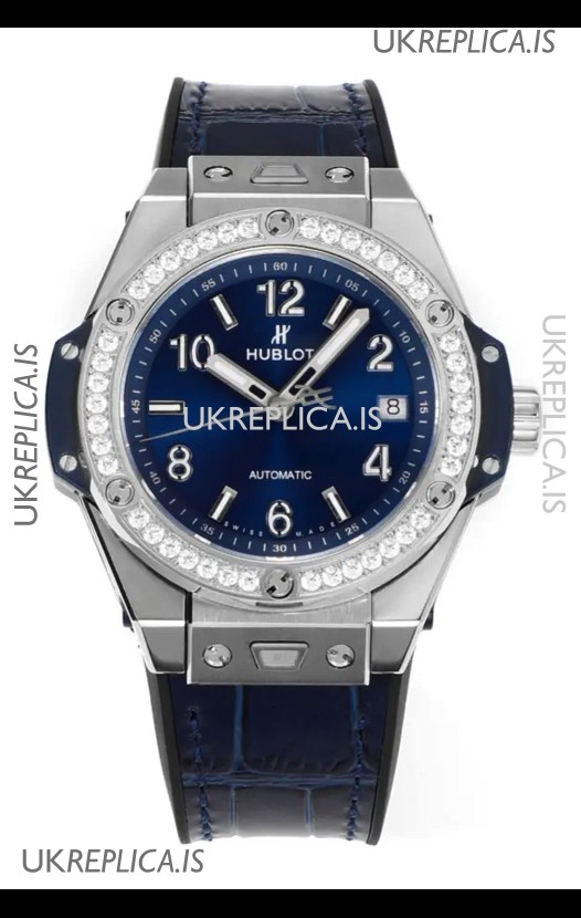 Hublot Big Bang One Click moissanite Bezel Super Clone Watch Blue Dial