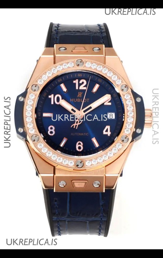 Hublot Big Bang One Click moissanite Bezel Rose Gold Super Clone Watch Blue Dial